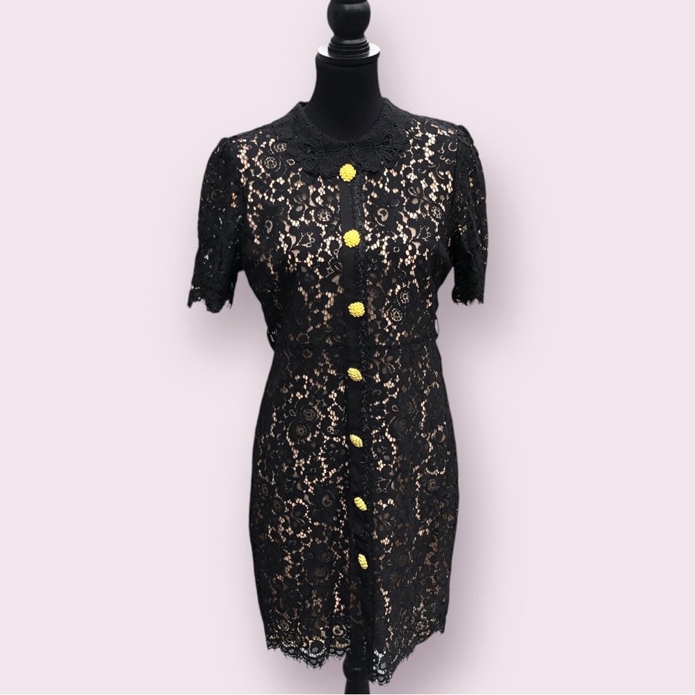 Dalia MacPhee Retro Black Lace Dress Size Large Short Sleeve Collared Mad Men